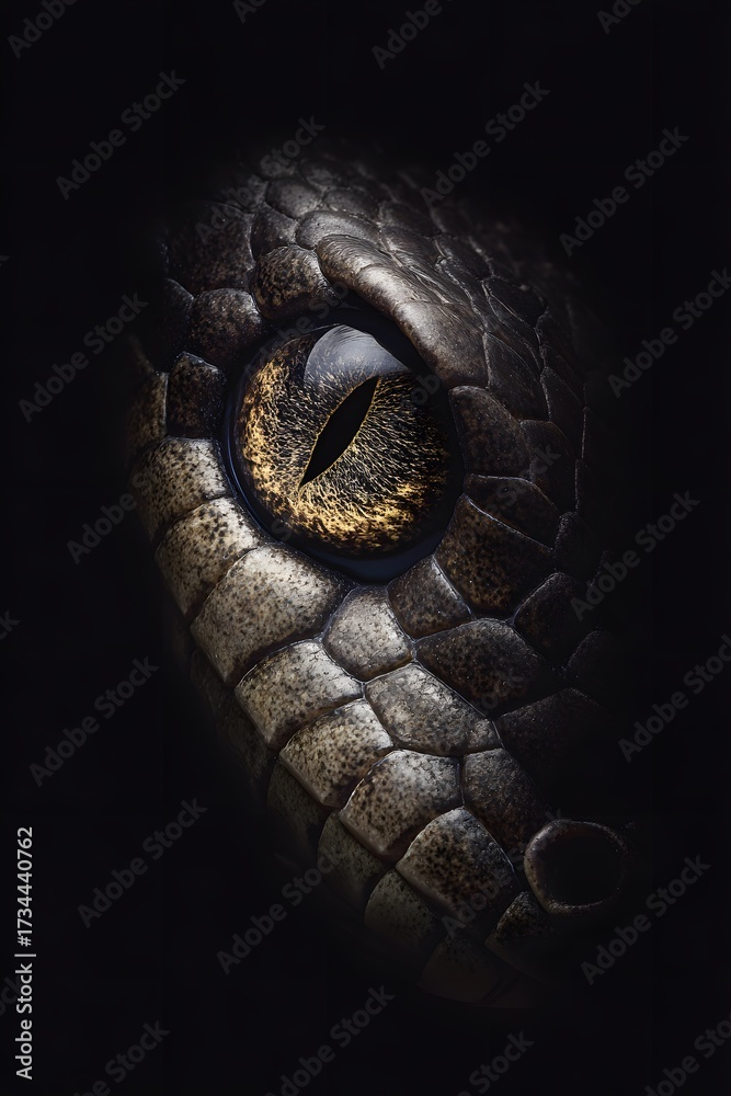Fototapeta premium Intimate showcases a reptile's captivating eye, featuring a striking golden iris and vertical pupil; the textured scales display intricate patterns with various dark and neutral tones, providing a...