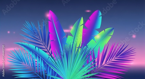 Vibrant Tropical Foliage with Gradient Colors Against a Sunset S