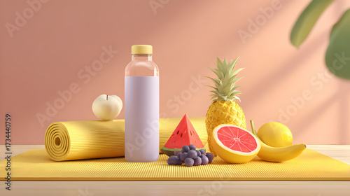 Yoga mat with fresh fruits pineapple grapefruit banana and water bottle healthy lifestyle concept