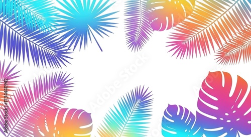 Vibrant Tropical Foliage with Rainbow Gradient on White Backgrou