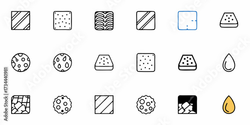 Discover a diverse collection of modern icons representing textures, materials, and abstract concepts, perfect for dynamic design projects and innovative visual storytelling.