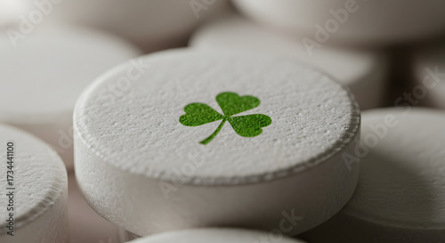 St. Patrick’s Day Celebration, Green Clover Pills, Festive Atmosphere, Macro Photography, Celebratory Setting, Close-Up Viewpoint, Symbolizing Luck and Happiness