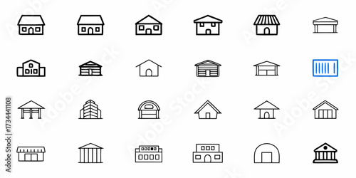 Diverse collection of minimalist building icons representing homes, shops, offices, and public structures, perfect for architectural or real estate projects