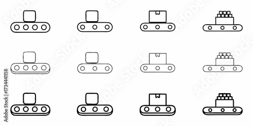 Streamline your operations with these dynamic conveyor belt icons showcasing product movement and automated delivery for efficient logistics and industrial processes