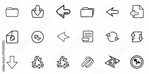 Essential hand-drawn icon set for digital navigation files folders and recycling symbols offering clean modern design for web apps and UI elements