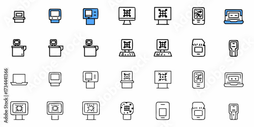 Diverse collection of modern technology icons including laptops, computers, kiosks, and mobile devices, perfect for digital interfaces and presentations