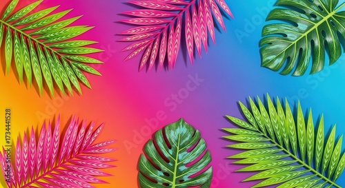 Vibrant Tropical Leaves Arranged on a Gradient Background with S
