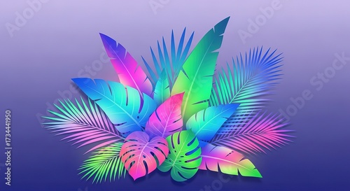 Vibrant tropical leaves in a gradient of rainbow colors on a pur