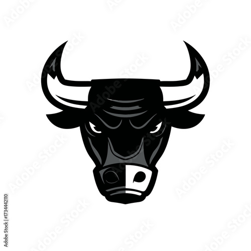 Gritty bull head with horns and an intense glare, black & grey tones