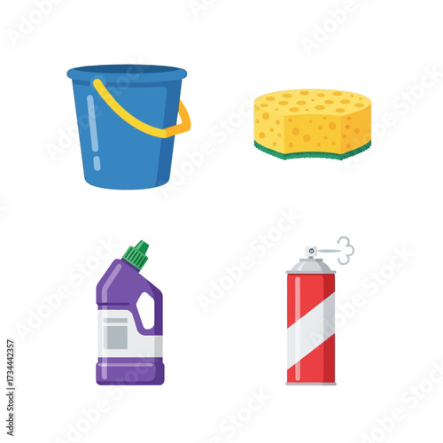 Cleaning supplies isolated on white background bucket, sponge, bottle of detergent and aerosol can