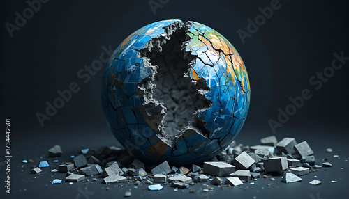 A broken world globe with scattered fragments symbolizes global fragility, representing crises, geopolitical conflicts, and environmental challenges.