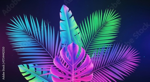 Vibrant Tropical Leaves in Neon Hues Against a Dark Gradient Bac