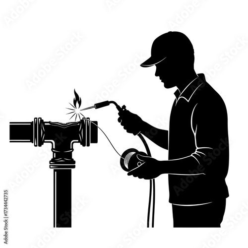 Silhouette of a welder at work, welding pipes isolated on white background, a skilled tradesman