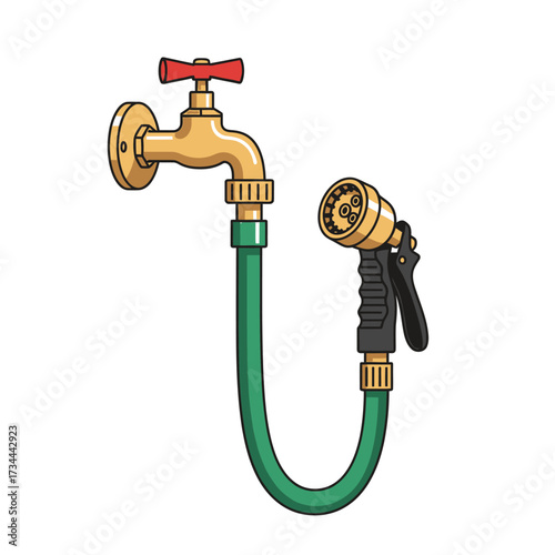 Illustration of a garden hose connected to a tap and a spray nozzle isolated on white background
