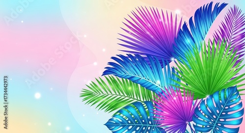 Vibrant Tropical Leaves on Pastel Gradient Background with Spark