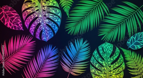 Vibrant Tropical Leaves with Geometric Patterns and Rainbow Colo