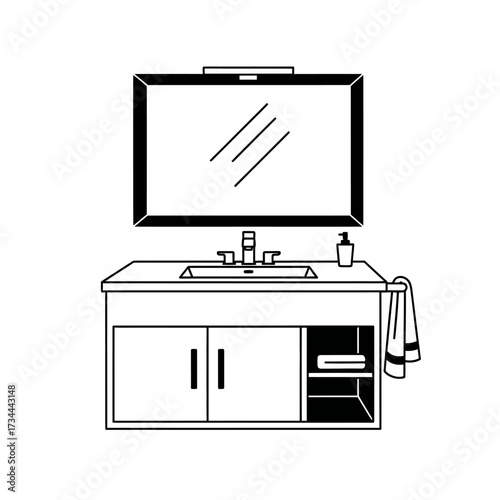 Bathroom vanity with rectangular mirror isolated on white background vector illustration of furniture