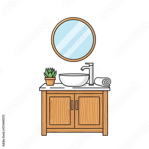 Bathroom vanity with round mirror isolated on white background vector illustration of furniture