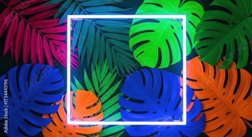 Vibrant Tropical Leaves with Neon Frame, Colorful Botanical Comp
