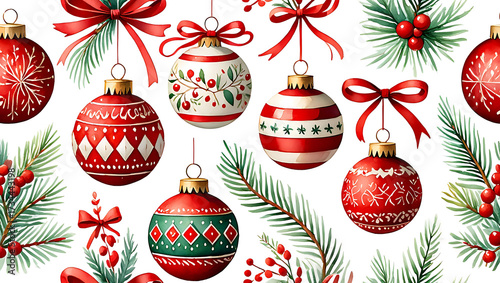 Watercolor Christmas Ornaments Seamless Pattern Festive Holiday Background with Bows and Pine Branches for Scrapbooking and Gift Wrapping Paper