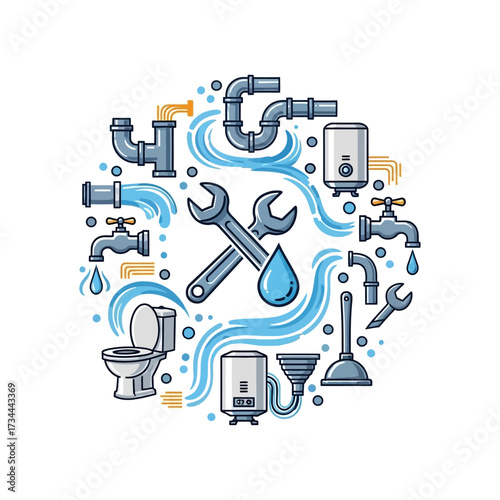 Plumbing service concept with tools and equipment isolated on white background vector illustration
