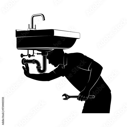 Silhouette of a plumber repairing a sink with a wrench isolated on white background