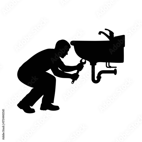 Silhouette of a plumber repairing a sink with a wrench isolated on white background