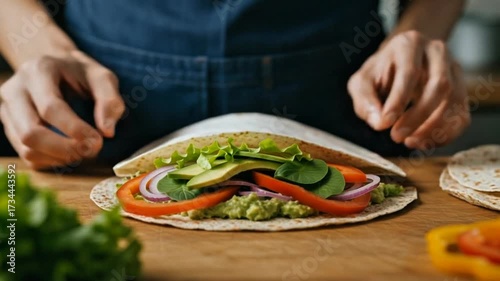 Preparing a Healthy Vegetarian Wrap with Fresh Vegetables and Guacamole for a Nutritious Meal