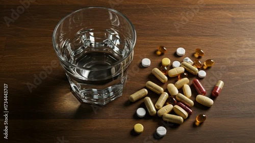 Preparing to take medication with a glass of water and an assortment of vitamins and pills on a wooden table