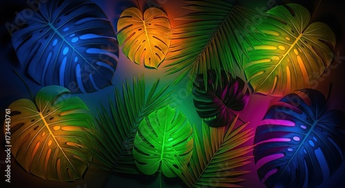 Vivid Monstera and Palm Leaves Illuminated by Neon Lights on a D