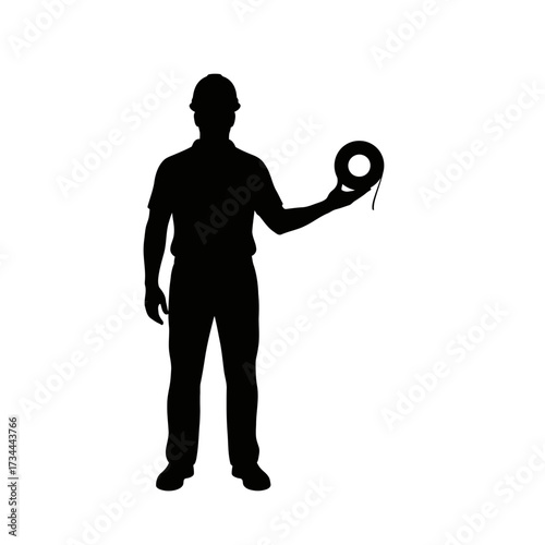 Silhouette of an electrician holding a roll of wire isolated on white background