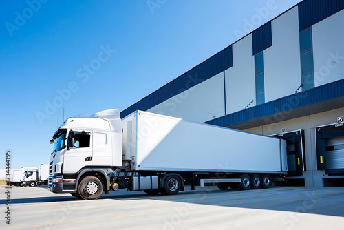 White Semi Truck at Loading Dock Logistics and Transportation Concept under Clear Blue Sky Heavy Goods Vehicle