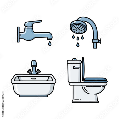 Bathroom fixtures icons isolated on white background, including sink, faucet, shower, toilet