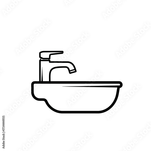 a simple black-and-white line art icon of a sink or basin with a modern faucet. 