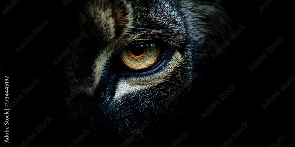 Obraz premium perspective displays the eye of an animal with vibrant shades of yellow and green in its iris, contrasting against the dark fur and surrounding shadowy ambiance, emphasizing detail and texture.