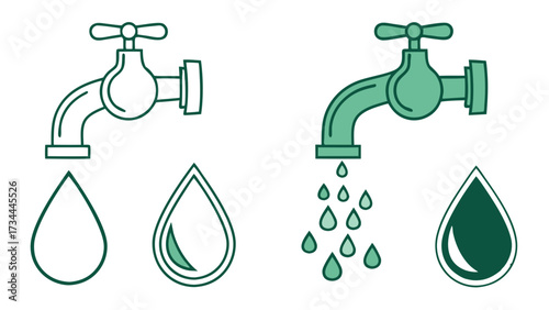 Water tap with water drop, Water faucet & drops icons, Clean water, conservation