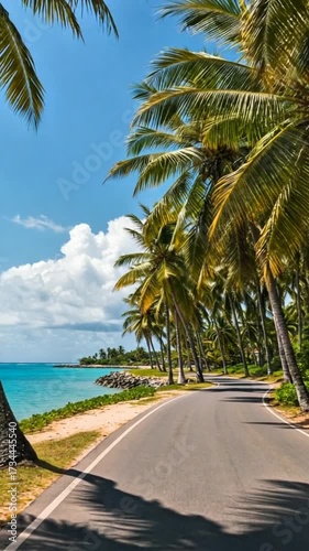 Scenic coastal drive with palm trees and turquoise sea under a bright blue sky on a tropical island