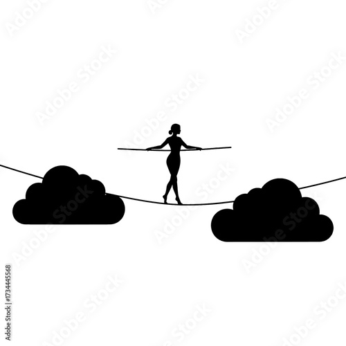 Silhouette of a woman balancing on a tightrope between clouds.