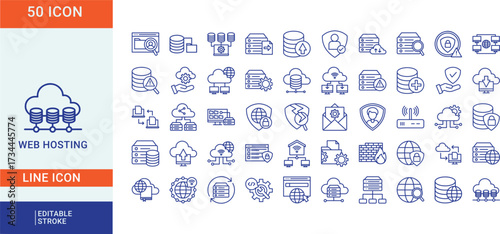 Web Hosting Line Icons Set – Cloud Server, Database, Security, Internet Network, Editable Stroke