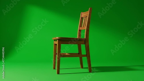 Classic Wooden Chair Rotating Slowly on a Vibrant Green Background with Soft Studio Lighting