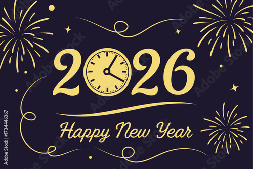 Happy New Year 2026 with Clock Face, Fireworks, and Swirls on Dark Purple Background greeting celebration