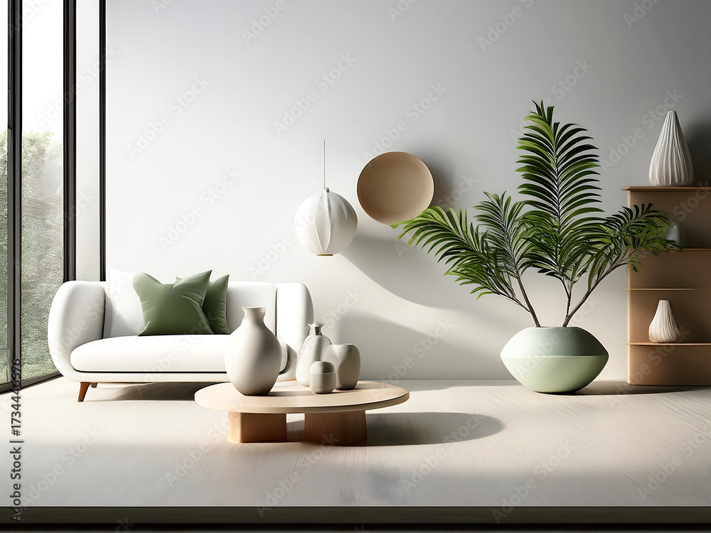 Obraz premium Modern minimal living room with a white curved sofa, light wood table, and large tropical plant in a spacious setting.