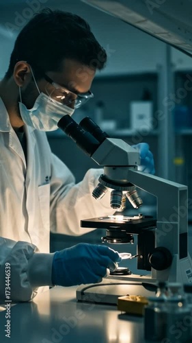 Scientist in lab coat and mask using microscope for medical research and scientific analysis, advancing science and healthcare.