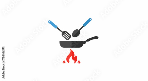 Icon flat cooking, burn, fire, pan, spatula