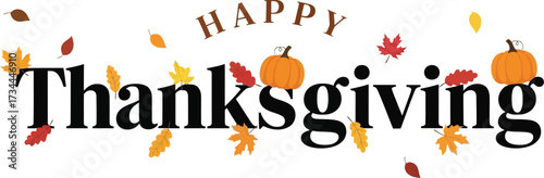 Happy Thanksgiving with pumpkins and falling autumn leaves