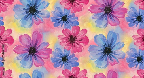 A repeating pattern of stylized floral clouds and rain, dreamy and whimsical 