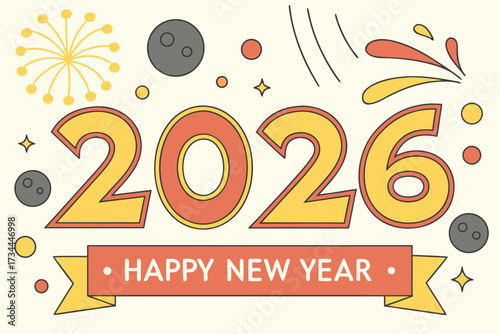 Happy New Year 2026 with fireworks and moons in a flat design style Keywords: happy new year, 2026, greeting, fireworks, moons, celebration, new