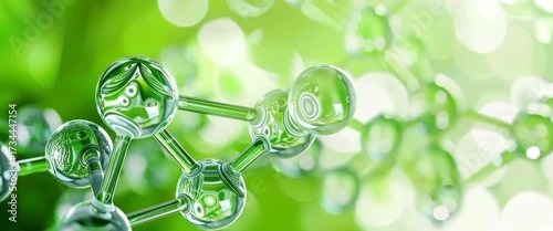 Green hydrogen molecule structure with soft focus natural green background and bokeh lights
