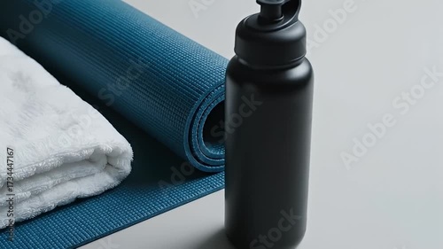 Workout Essentials: Blue Yoga Mat, White Towel, and Black Water Bottle for Fitness and Wellness