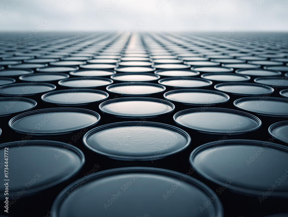 Fototapeta premium A close-up view of a grid of circular containers, reflecting light, creating a visually striking pattern with a sense of depth and symmetry.